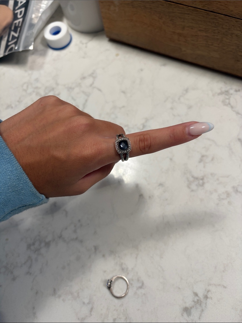David Yurman Silver Ring with Dark Blue Center Stone